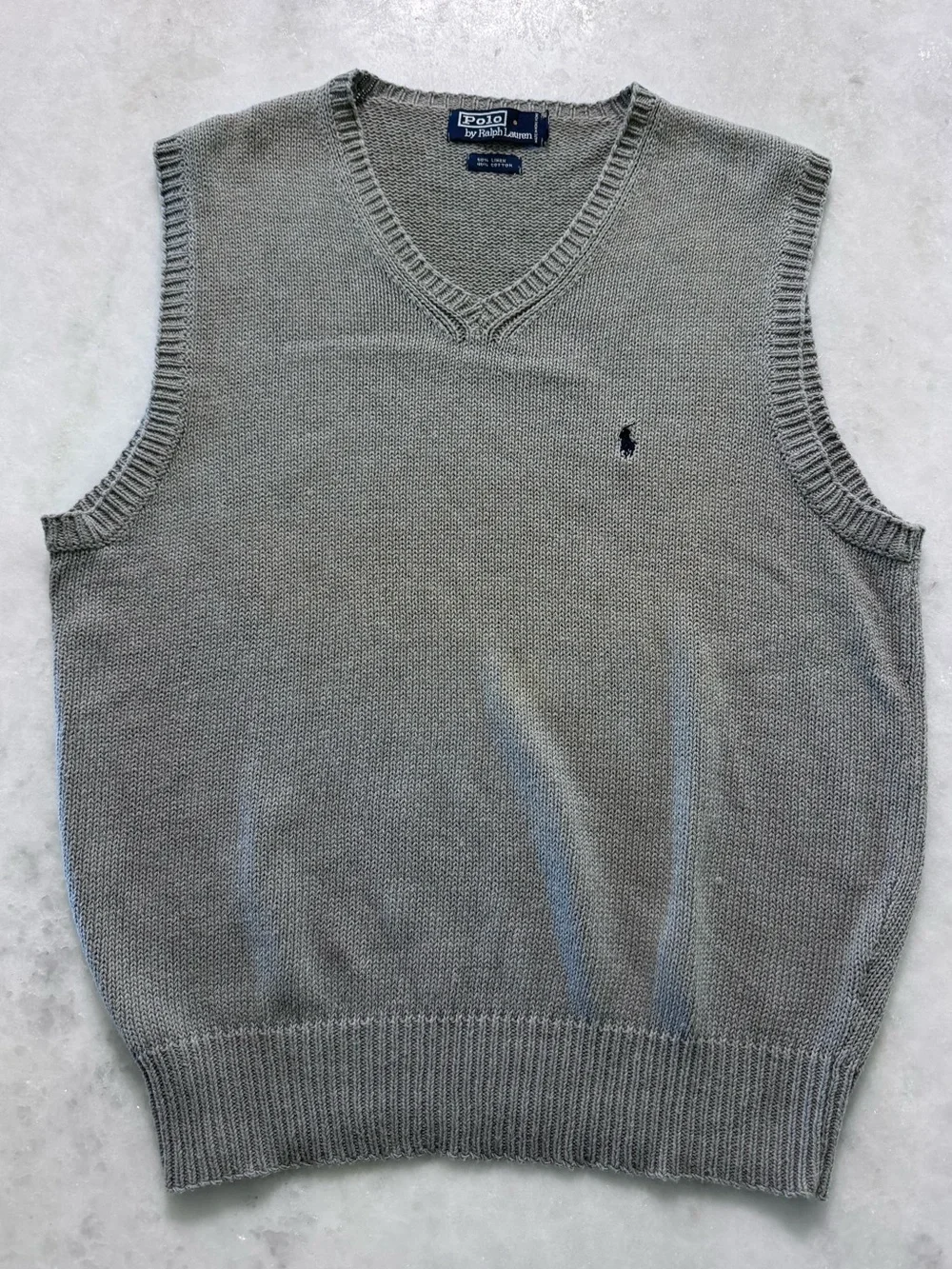 Vintage Polo Ralph Lauren Gray V-Neck Knit Sweater Vest with Navy Pony Preppy M